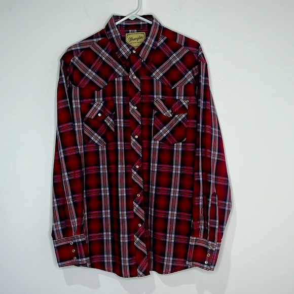 Men’s Wrangler red and white plaid pearl snap long sleeve shirt with pockets XL - Picture 1 of 10